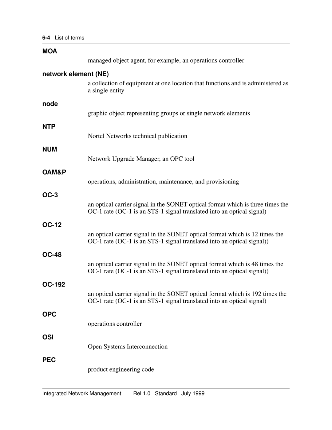 Nortel Networks NTNM13XKAB manual Moa, Ntp, Num, Oam&P, Opc, Osi, Pec 