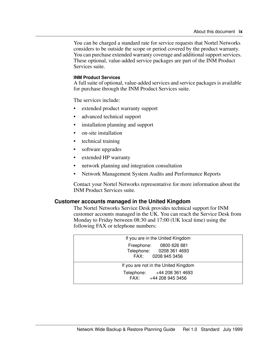 Nortel Networks NTNM13XKAB manual Customer accounts managed in the United Kingdom, INM Product Services 