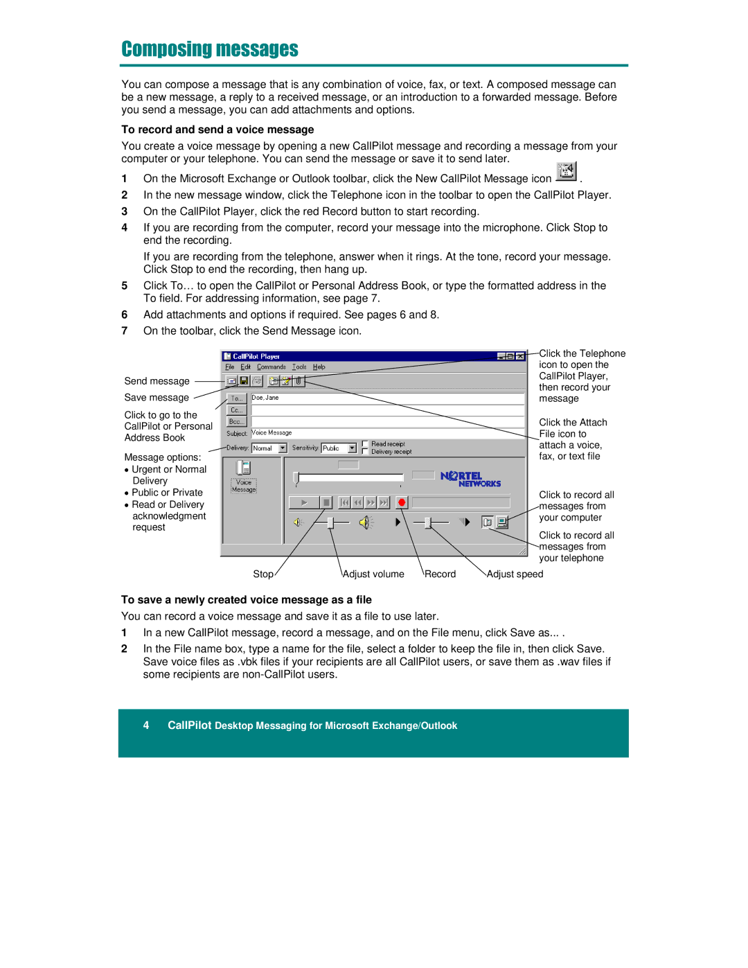 Nortel Networks A0789401, NTRG22AC To record and send a voice message, To save a newly created voice message as a file 