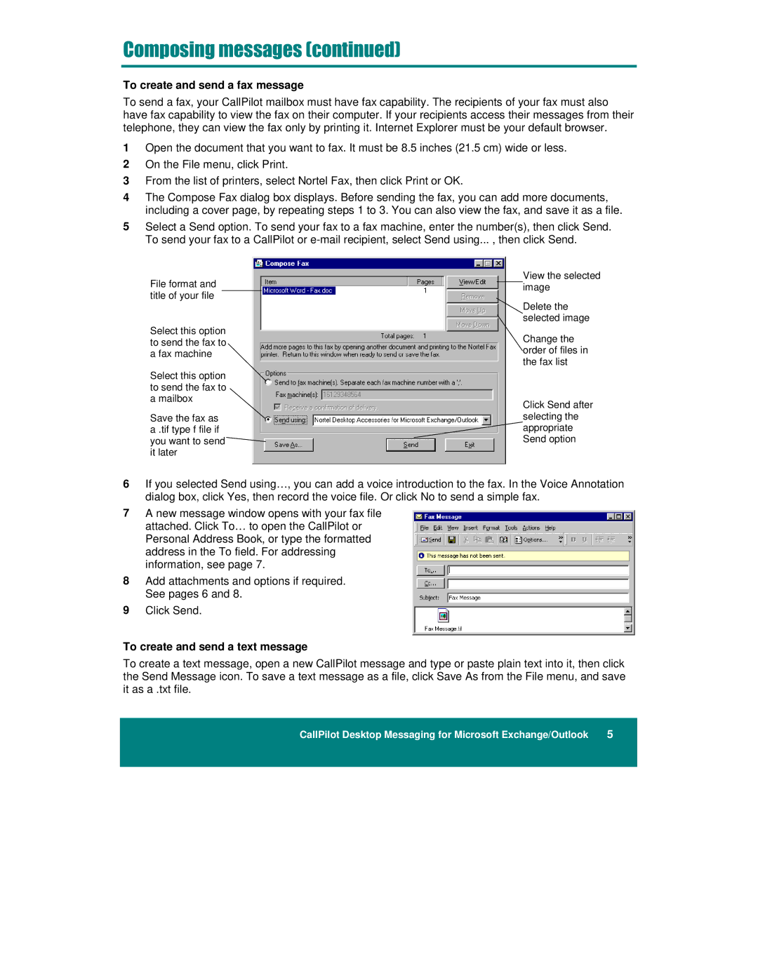 Nortel Networks NTRG22AC, A0789401 manual To create and send a fax message, To create and send a text message 