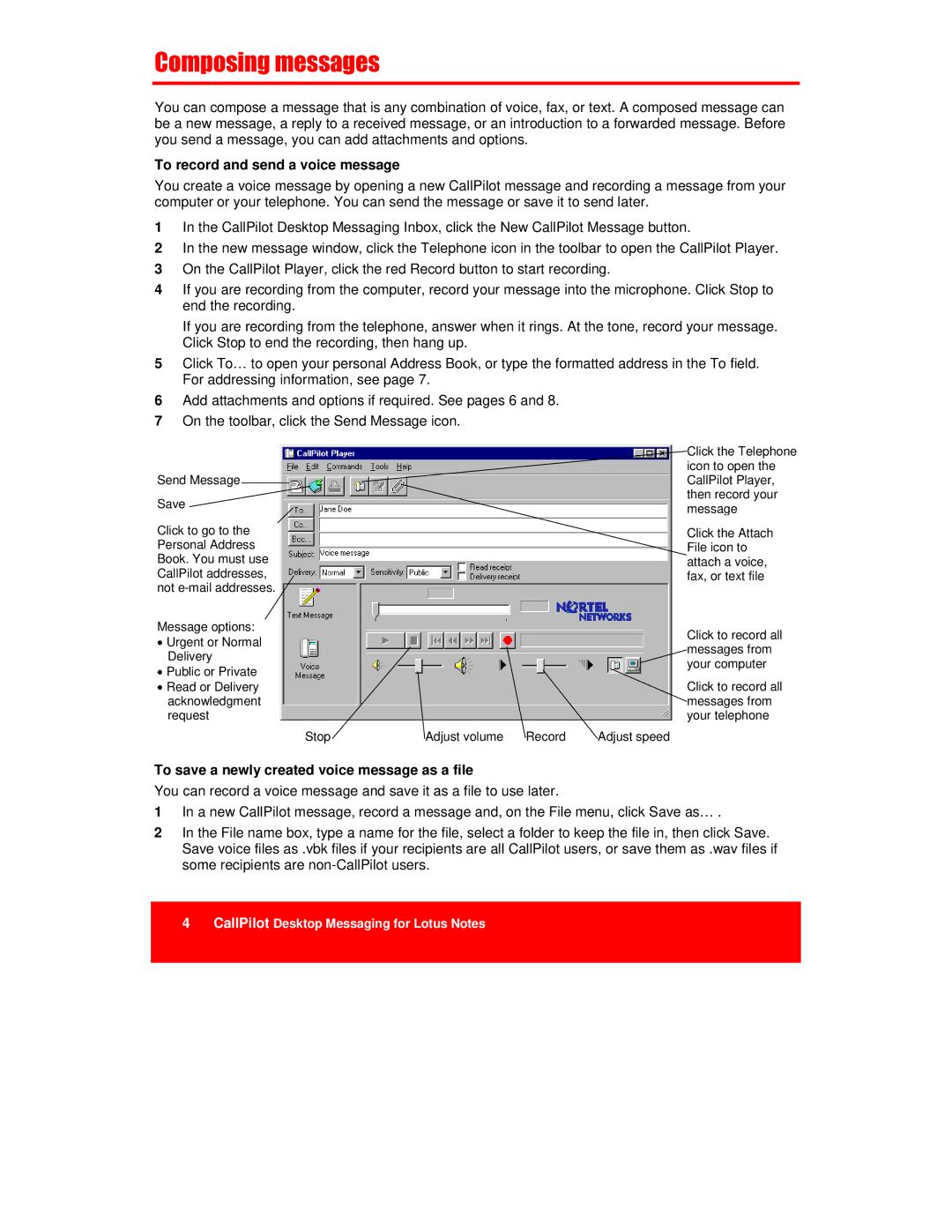 Nortel Networks A0789401, NTRG22AC manual To record and send a voice message 