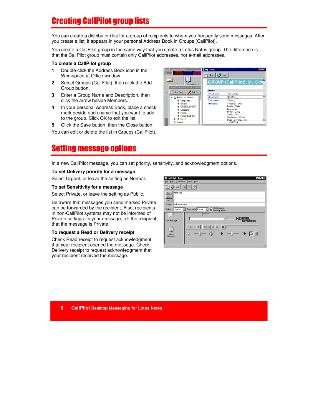 Nortel Networks A0789401, NTRG22AC manual To create a CallPilot group, To set Delivery priority for a message 