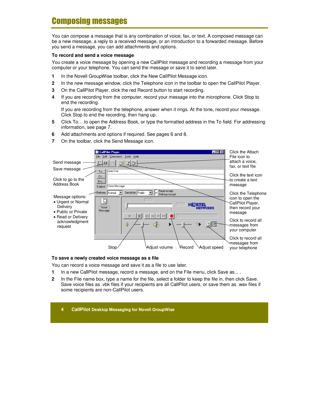 Nortel Networks A0789401, NTRG22AC manual To record and send a voice message 