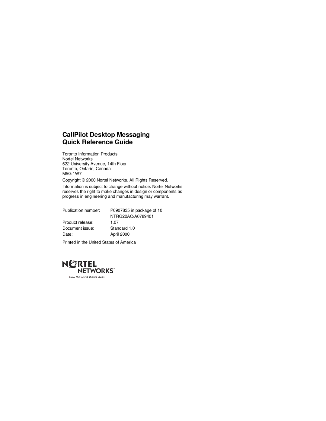 Nortel Networks NTRG22AC, A0789401 manual CallPilot Desktop Messaging Quick Reference Guide 