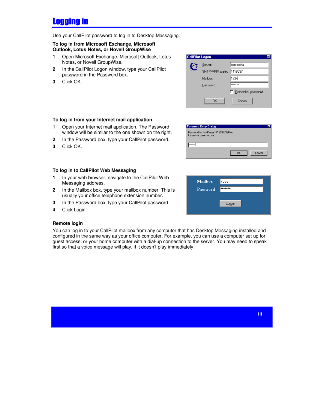 Nortel Networks NTRG22AC To log in from your Internet mail application, To log in to CallPilot Web Messaging, Remote login 