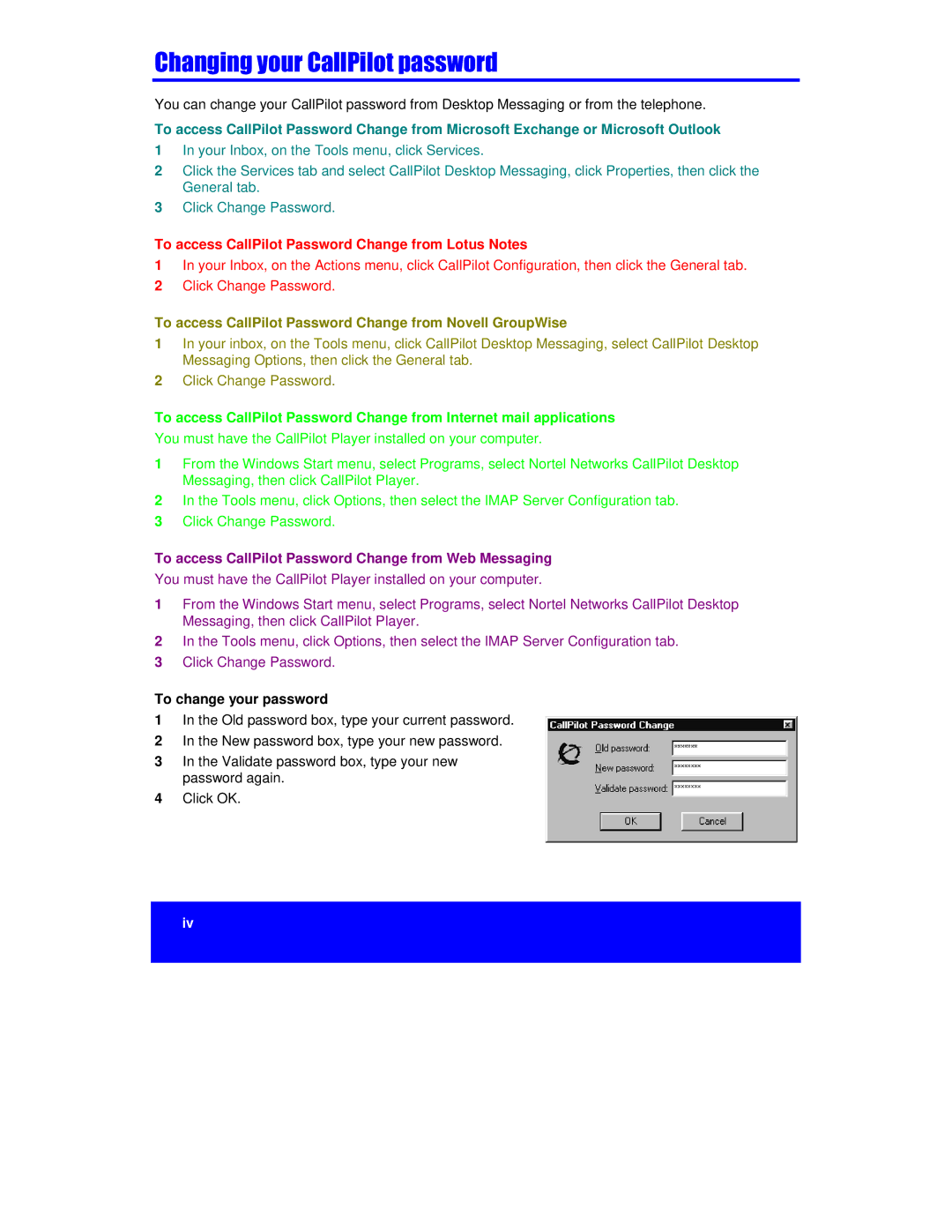 Nortel Networks A0789401, NTRG22AC manual To access CallPilot Password Change from Lotus Notes, To change your password 