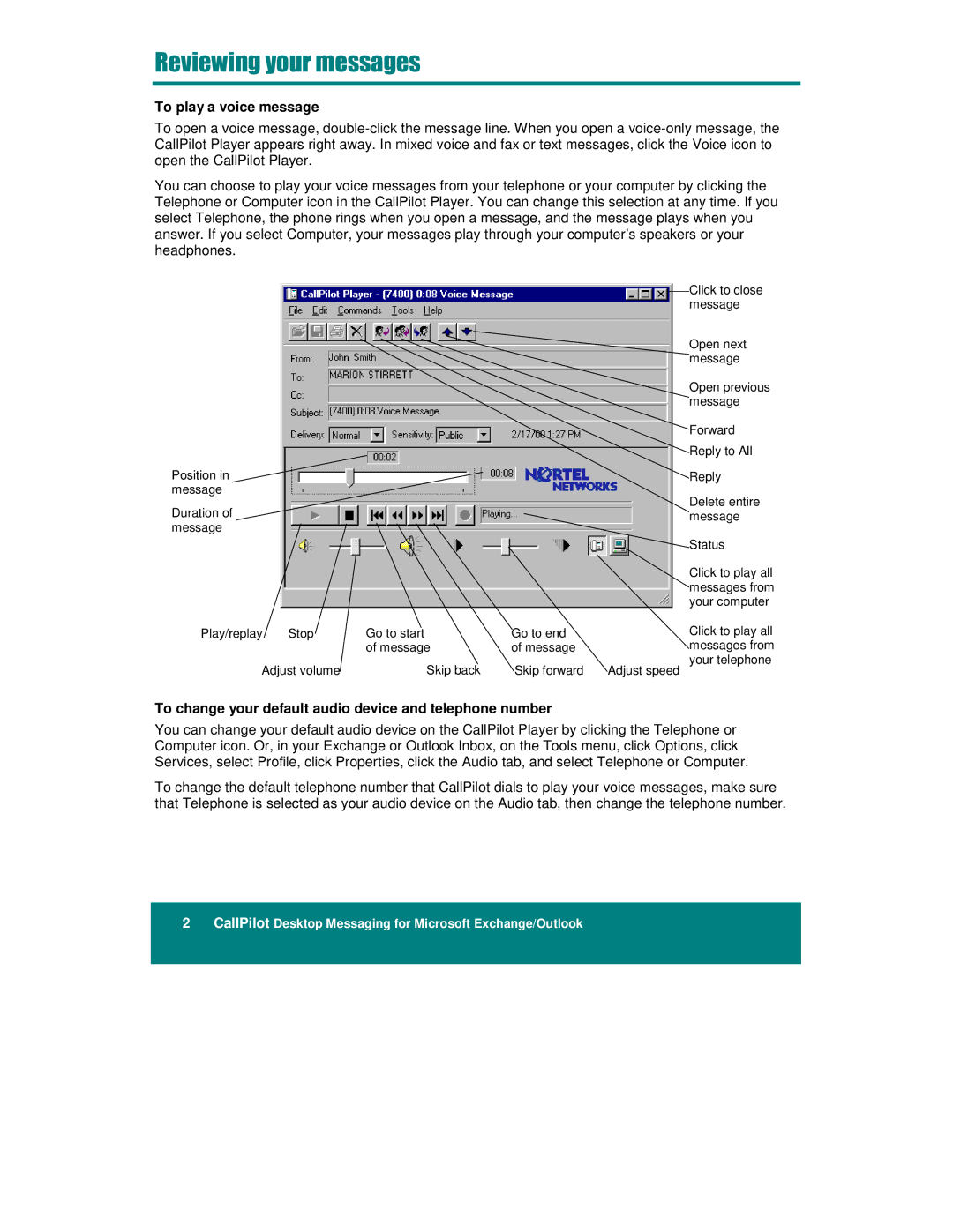 Nortel Networks A0789401, NTRG22AC manual To play a voice message, To change your default audio device and telephone number 