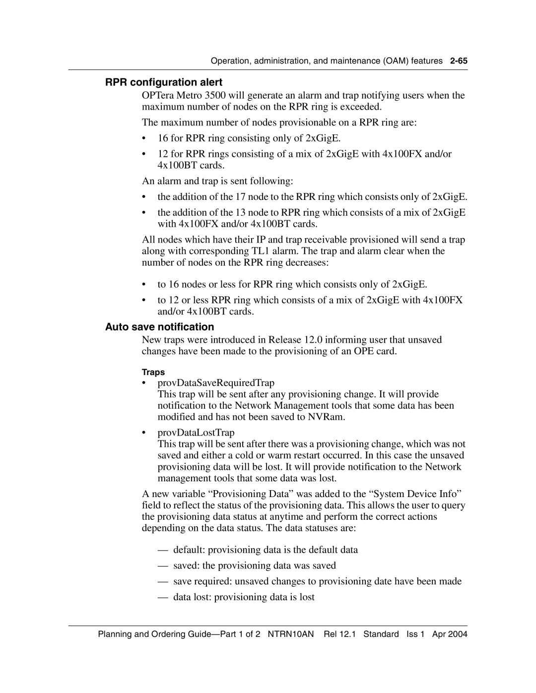 Nortel Networks 3500, NTRN10AN manual RPR configuration alert, Auto save notification, Traps 