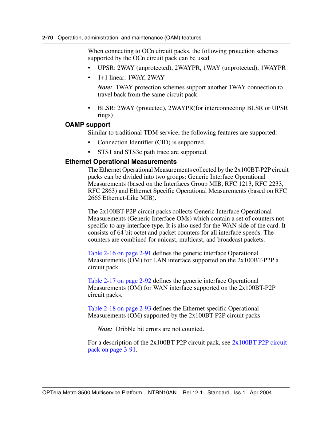 Nortel Networks NTRN10AN, 3500 manual Oamp support, Ethernet Operational Measurements 