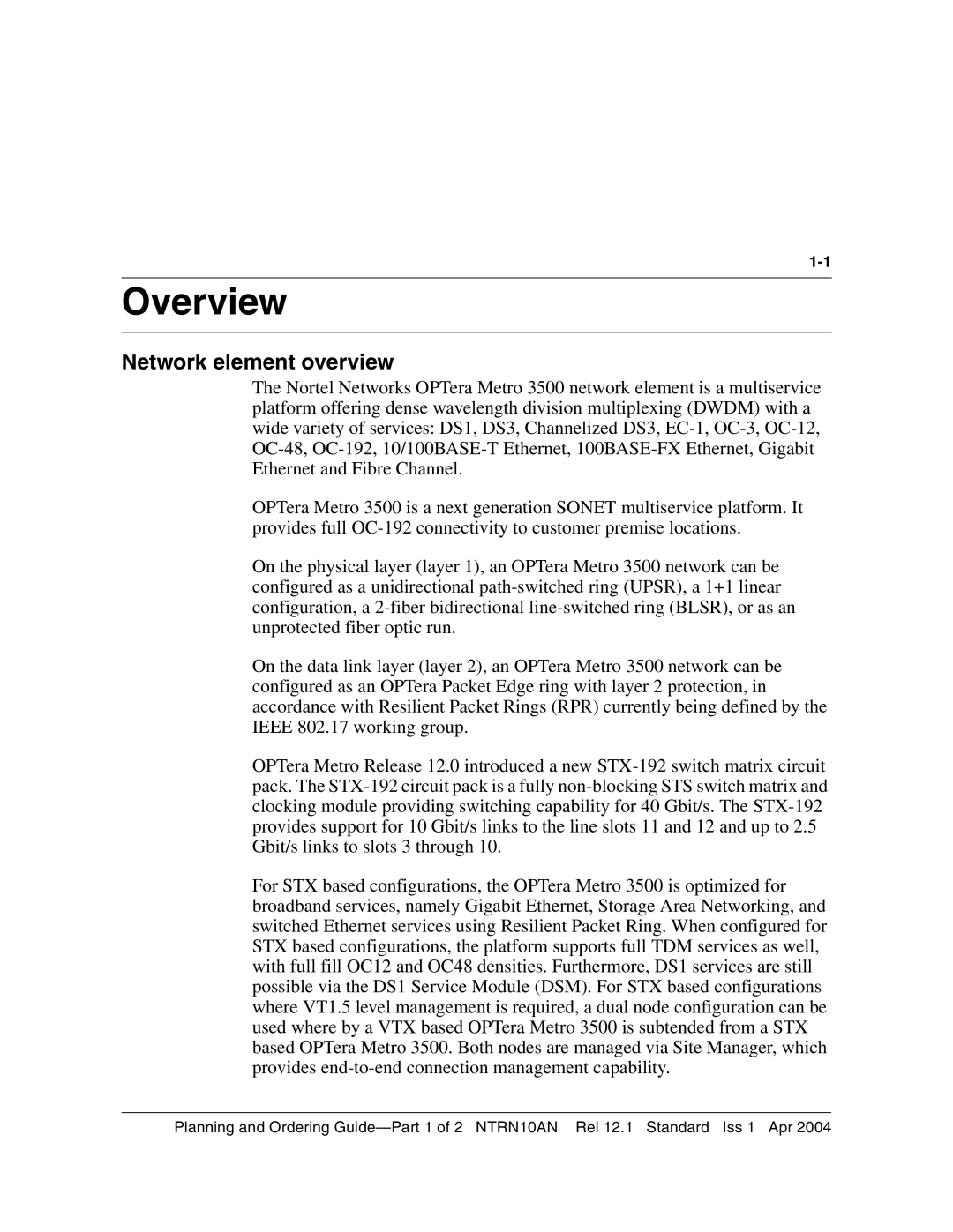 Nortel Networks 3500, NTRN10AN manual Overview, Network element overview 