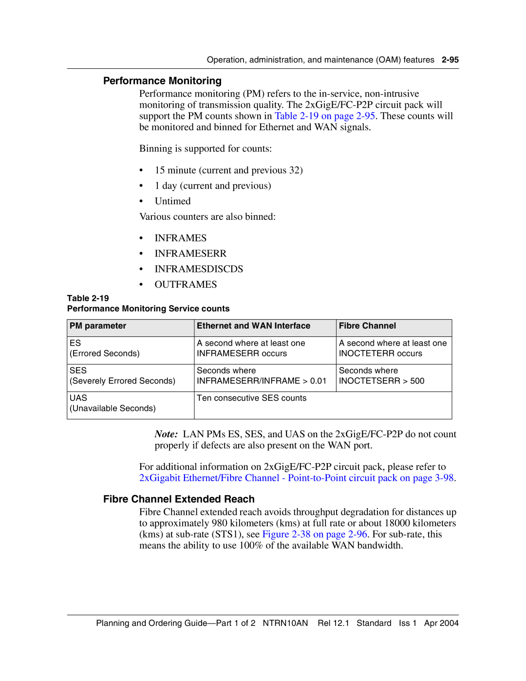 Nortel Networks 3500 manual Performance Monitoring, Fibre Channel Extended Reach, Ses, INFRAMESERR/INFRAME Inoctetserr UAS 