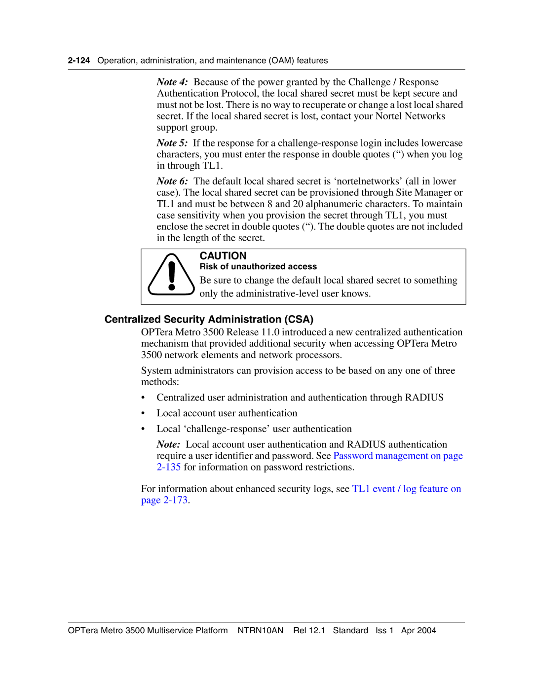 Nortel Networks NTRN10AN, 3500 manual Centralized Security Administration CSA, Risk of unauthorized access 