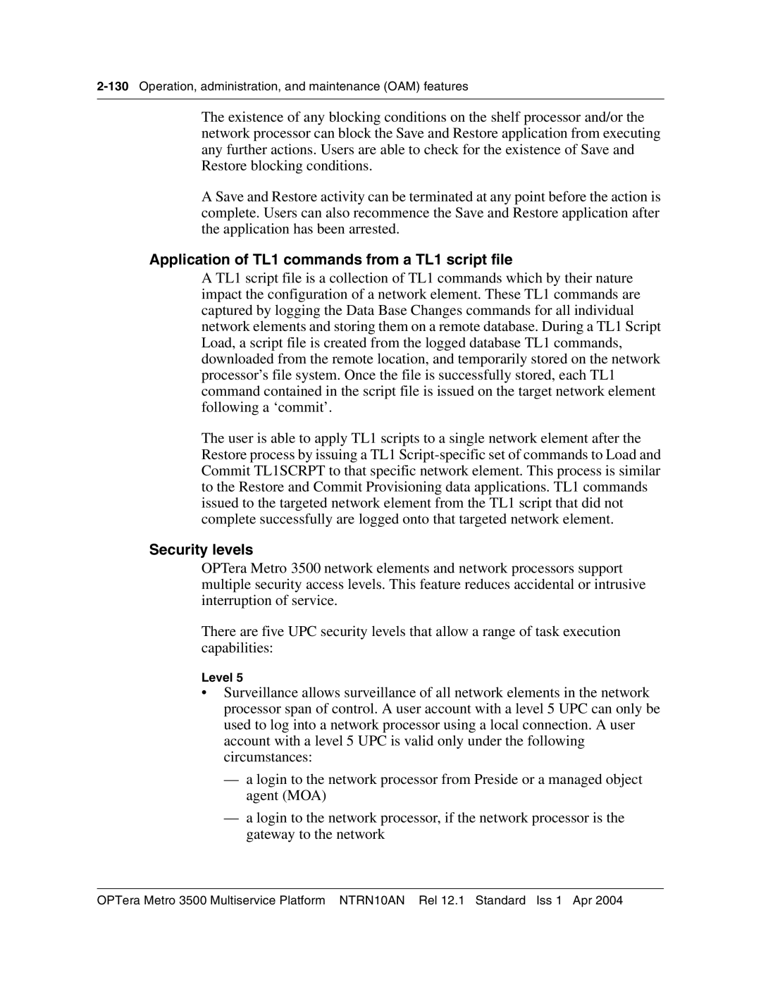 Nortel Networks NTRN10AN, 3500 manual Application of TL1 commands from a TL1 script file, Security levels, Level 