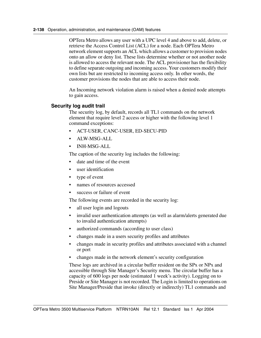 Nortel Networks NTRN10AN, 3500 manual Security log audit trail, Act-User, Canc-User, Ed-Secu-Pid Alw-Msg-All Inh-Msg-All 