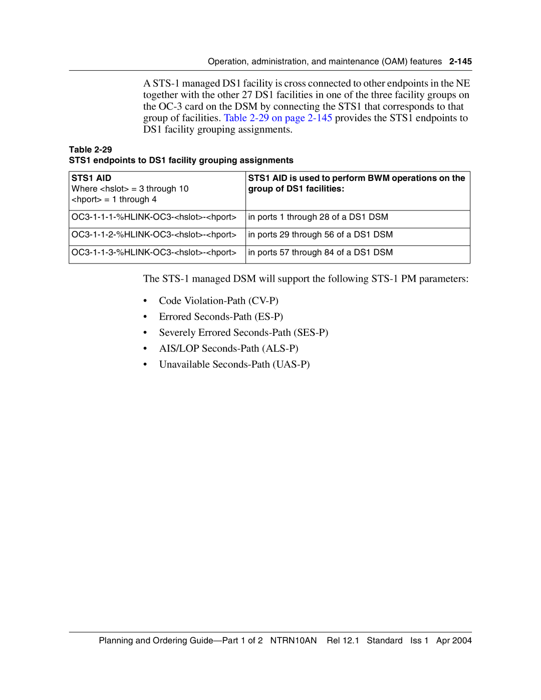 Nortel Networks 3500 STS1 endpoints to DS1 facility grouping assignments, STS1 AID is used to perform BWM operations on 