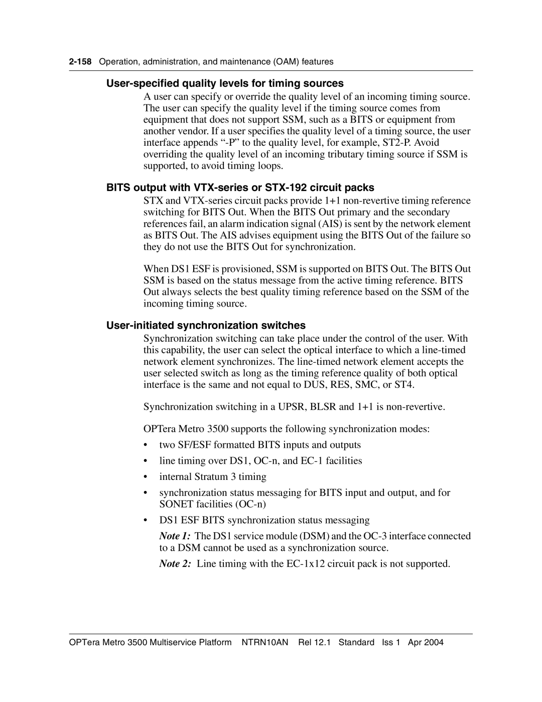 Nortel Networks NTRN10AN, 3500 User-specified quality levels for timing sources, User-initiated synchronization switches 