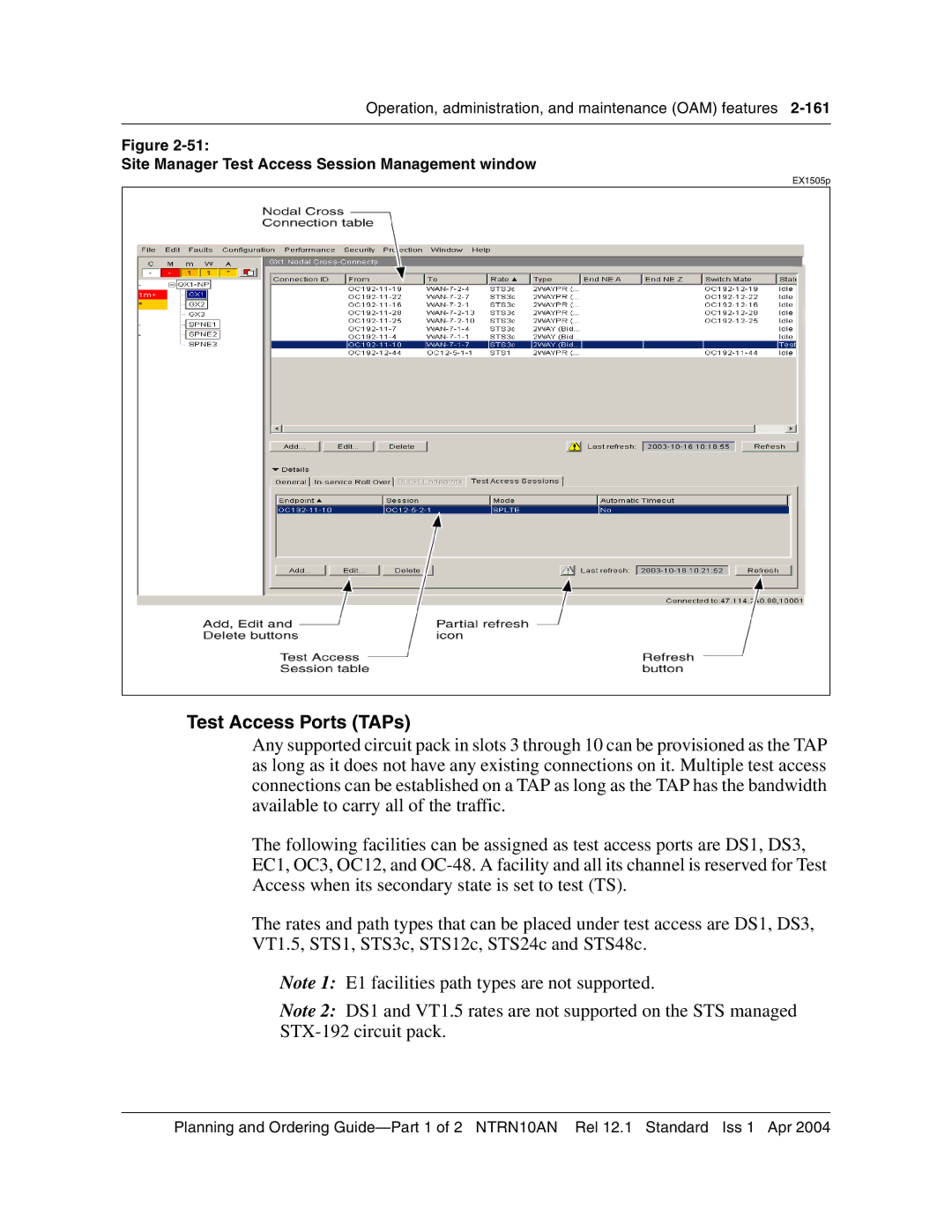 Nortel Networks 3500, NTRN10AN manual Test Access Ports TAPs, Site Manager Test Access Session Management window 