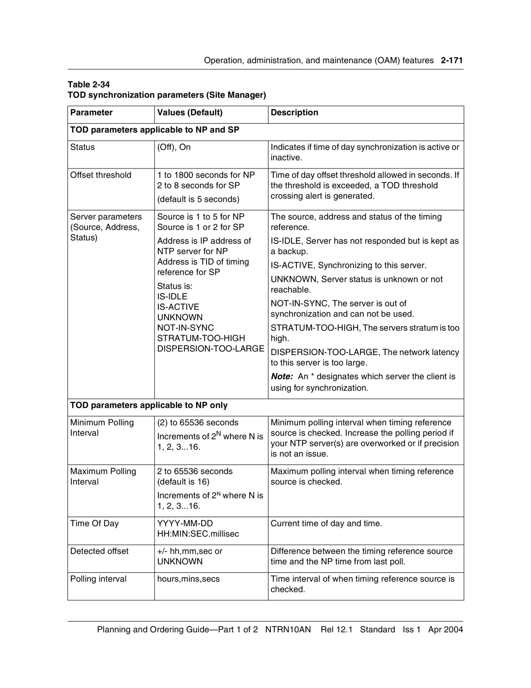 Nortel Networks 3500, NTRN10AN manual TOD parameters applicable to NP only 