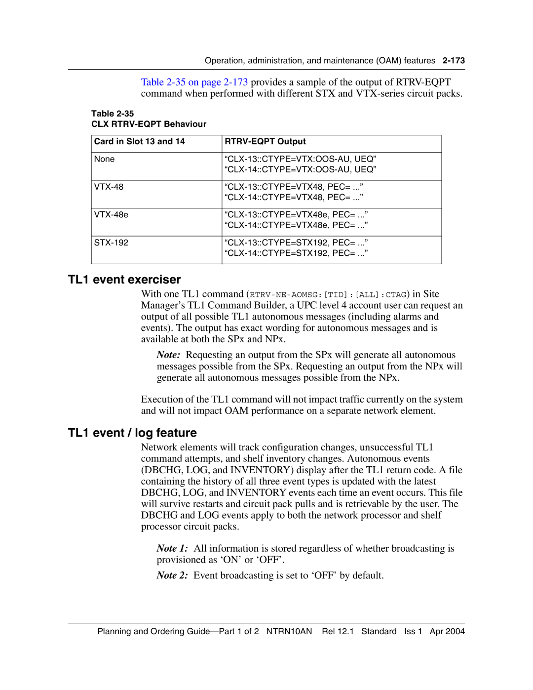 Nortel Networks 3500 TL1 event exerciser, TL1 event / log feature, CLX-13CTYPE=VTXOOS-AU, UEQ, CLX-14CTYPE=VTXOOS-AU, UEQ 