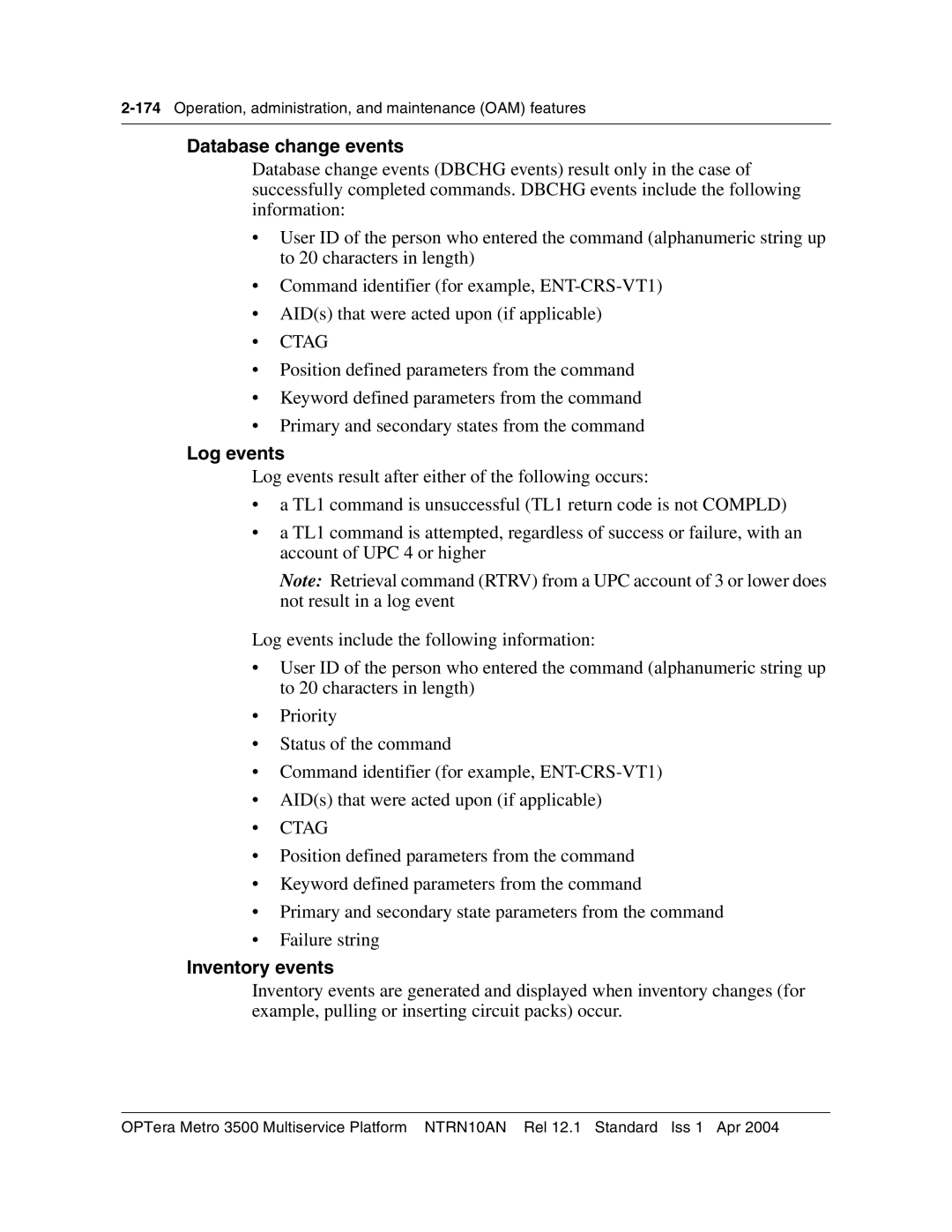 Nortel Networks NTRN10AN, 3500 manual Database change events, Log events, Inventory events 