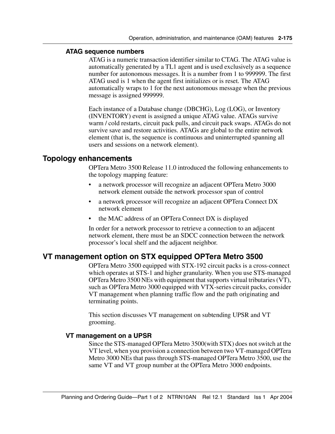 Nortel Networks 3500 manual Topology enhancements, VT management option on STX equipped OPTera Metro, Atag sequence numbers 