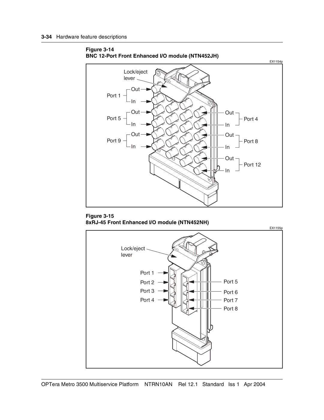 Nortel Networks NTRN10AN, 3500 BNC 12-Port Front Enhanced I/O module NTN452JH, 8xRJ-45 Front Enhanced I/O module NTN452NH 