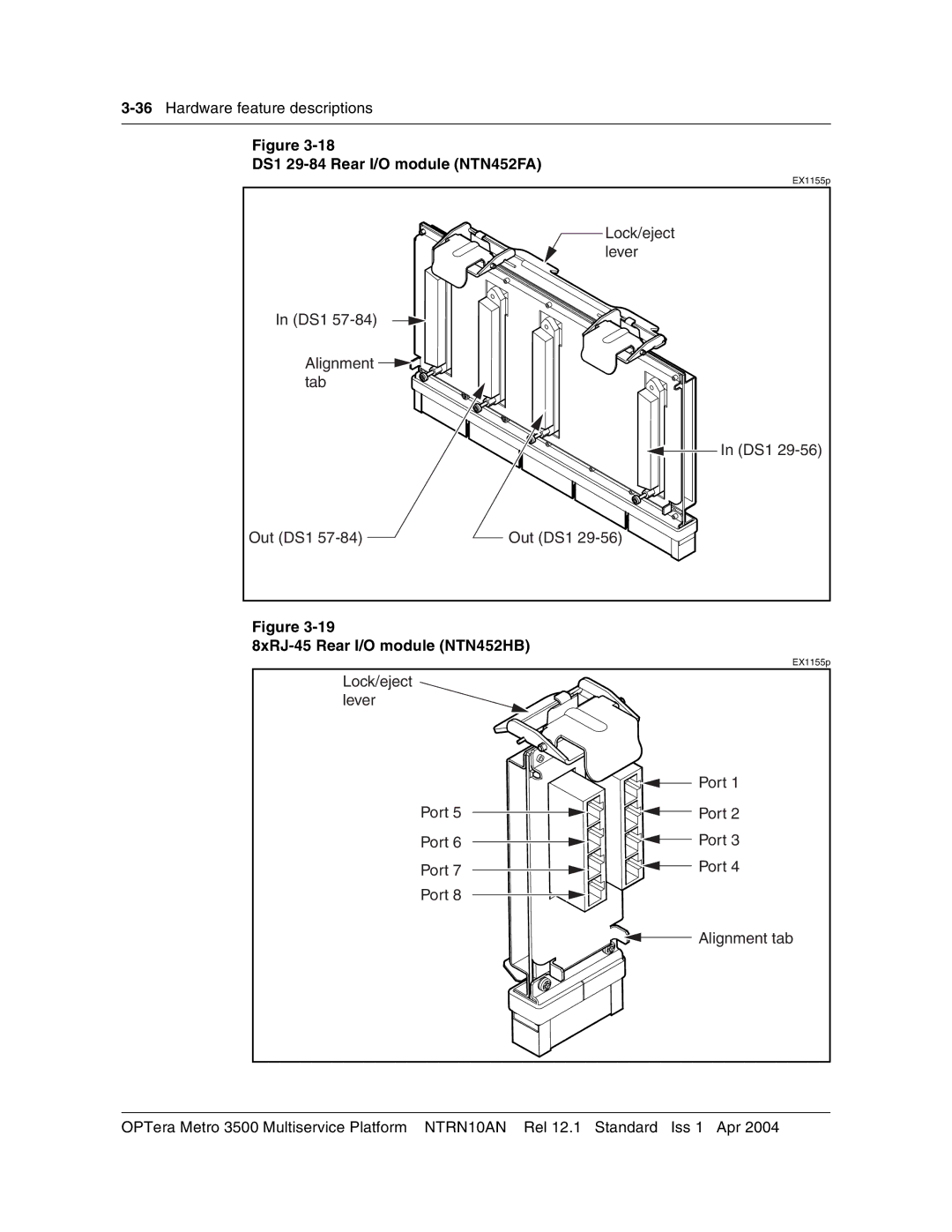 Nortel Networks NTRN10AN, 3500 manual DS1 29-84 Rear I/O module NTN452FA, 8xRJ-45 Rear I/O module NTN452HB 