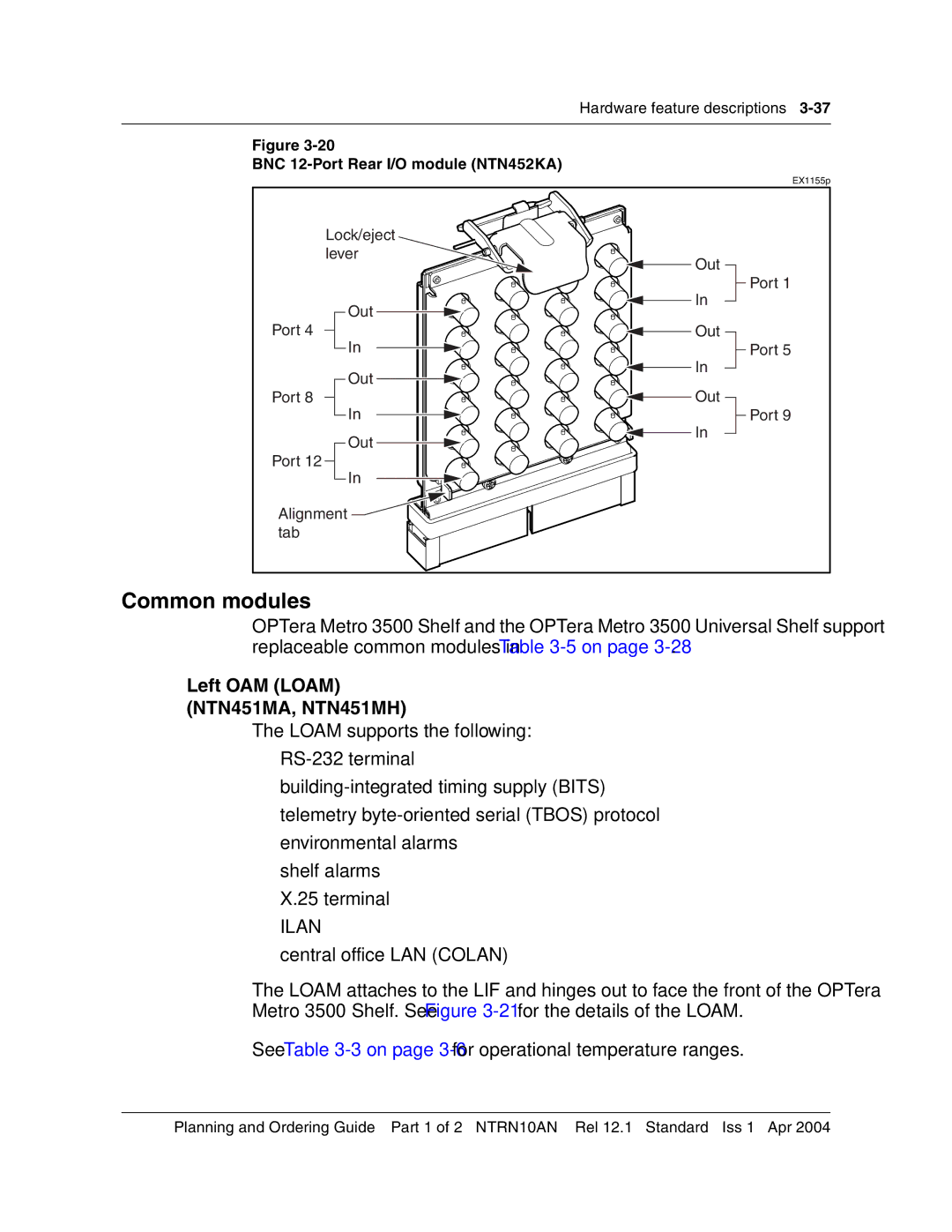 Nortel Networks 3500, NTRN10AN manual Common modules, Left OAM Loam NTN451MA, NTN451MH, BNC 12-Port Rear I/O module NTN452KA 