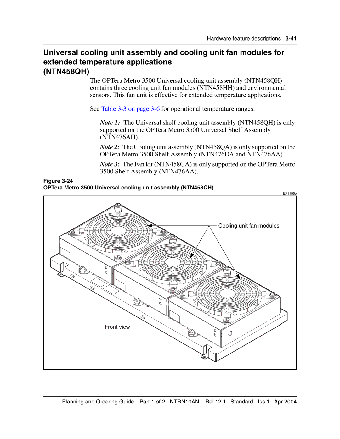 Nortel Networks NTRN10AN manual OPTera Metro 3500 Universal cooling unit assembly NTN458QH 