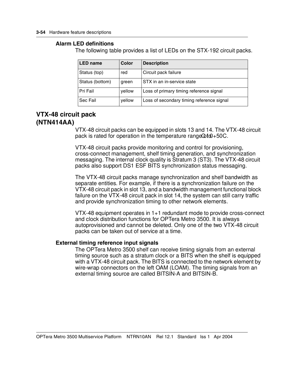 Nortel Networks NTRN10AN, 3500 manual VTX-48 circuit pack NTN414AA, Alarm LED definitions, LED name Color Description 