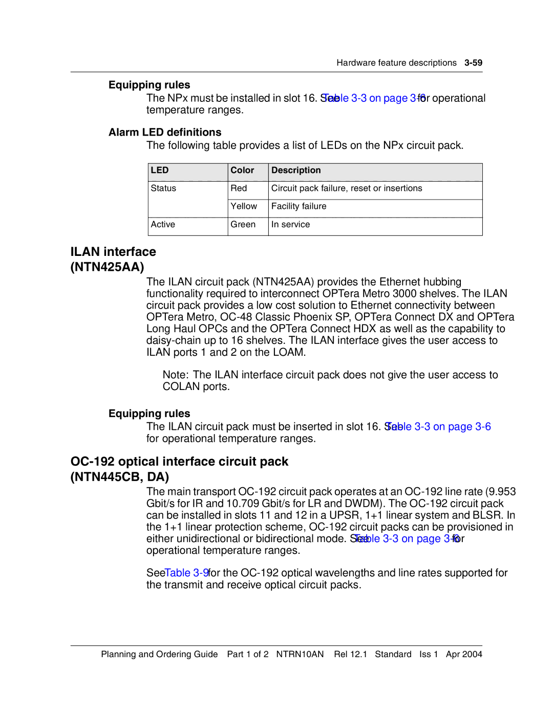 Nortel Networks 3500, NTRN10AN manual Ilan interface NTN425AA, OC-192 optical interface circuit pack NTN445CB, DA 