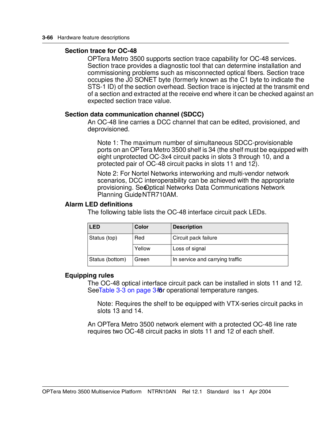 Nortel Networks NTRN10AN, 3500 manual Section trace for OC-48, Following table lists the OC-48 interface circuit pack LEDs 