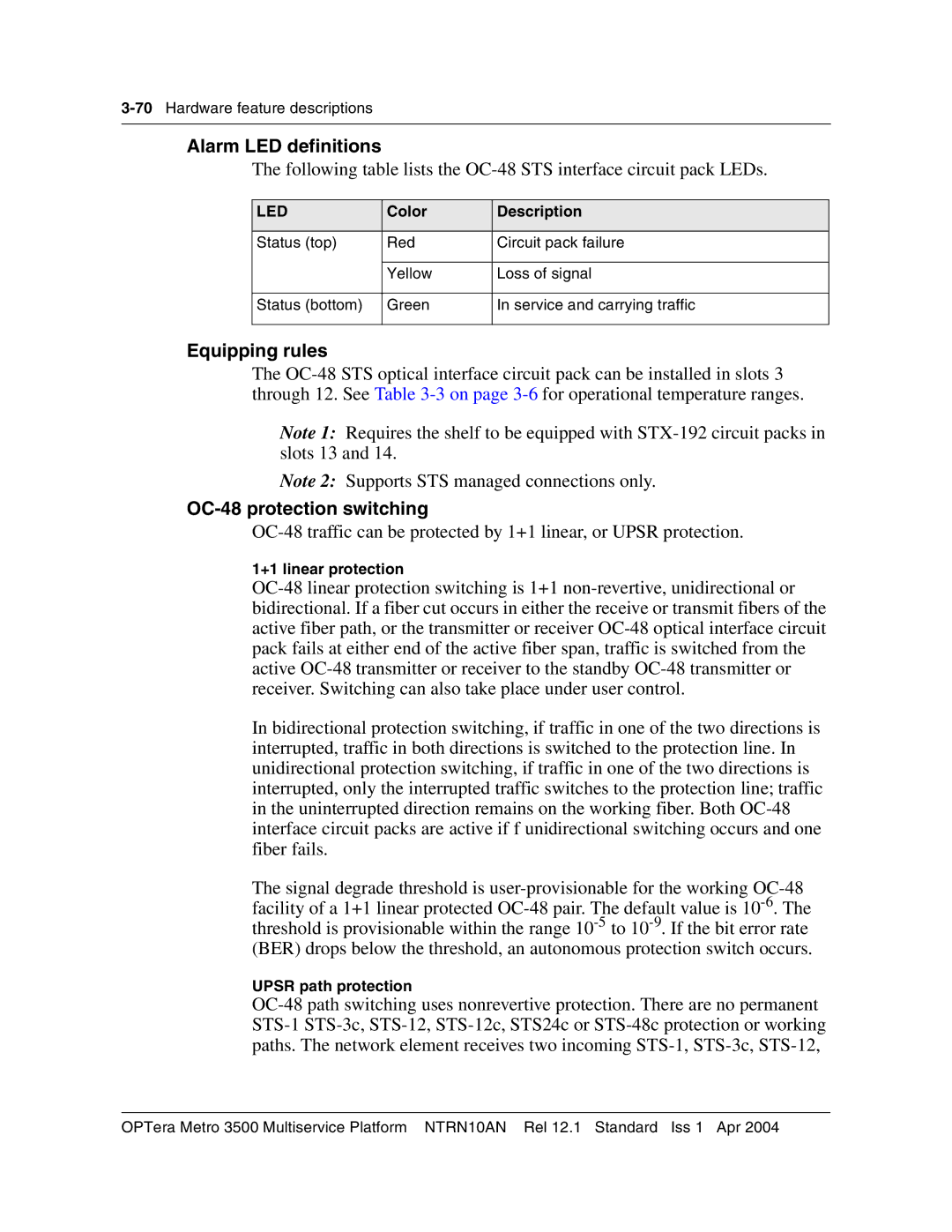 Nortel Networks NTRN10AN, 3500 manual 70Hardware feature descriptions 