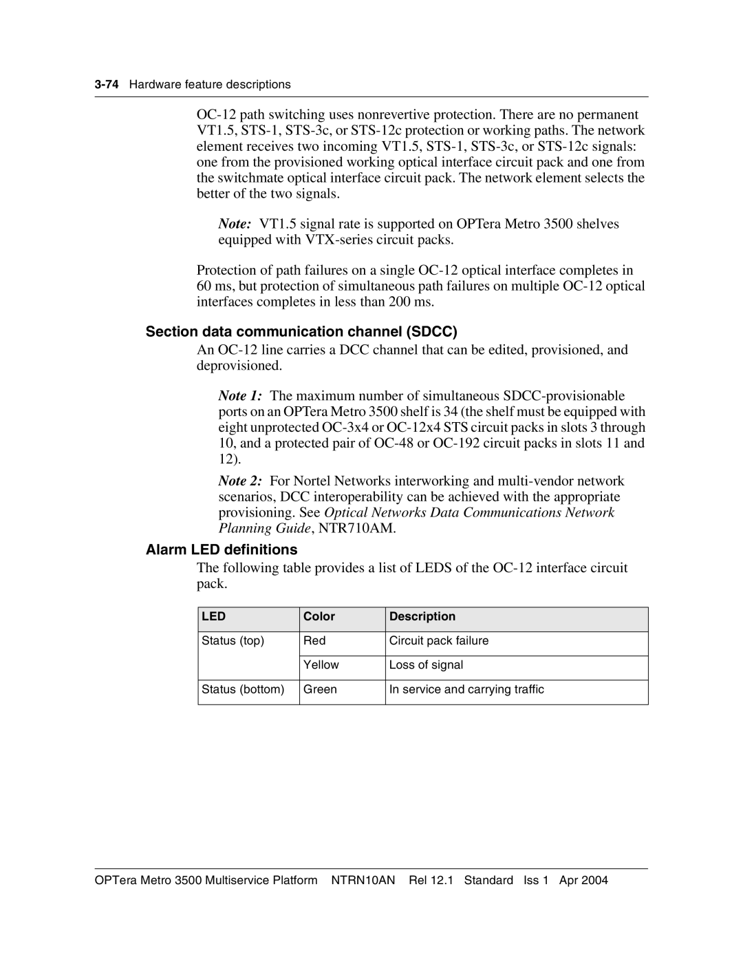 Nortel Networks NTRN10AN, 3500 manual 74Hardware feature descriptions 