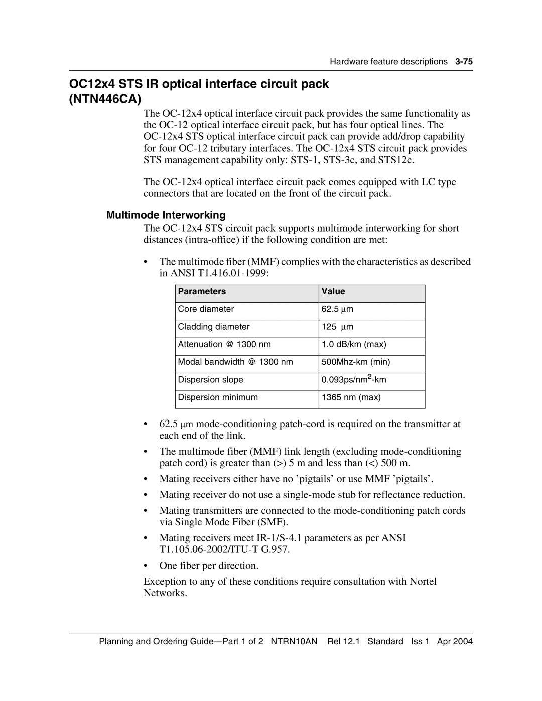 Nortel Networks 3500 manual OC12x4 STS IR optical interface circuit pack NTN446CA, Multimode Interworking, Parameters Value 