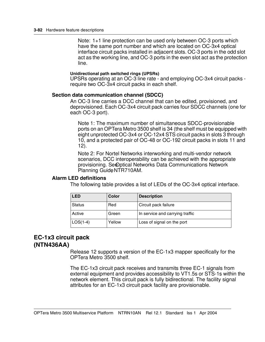 Nortel Networks NTRN10AN, 3500 manual EC-1x3 circuit pack NTN436AA, Unidirectional path switched rings UPSRs 