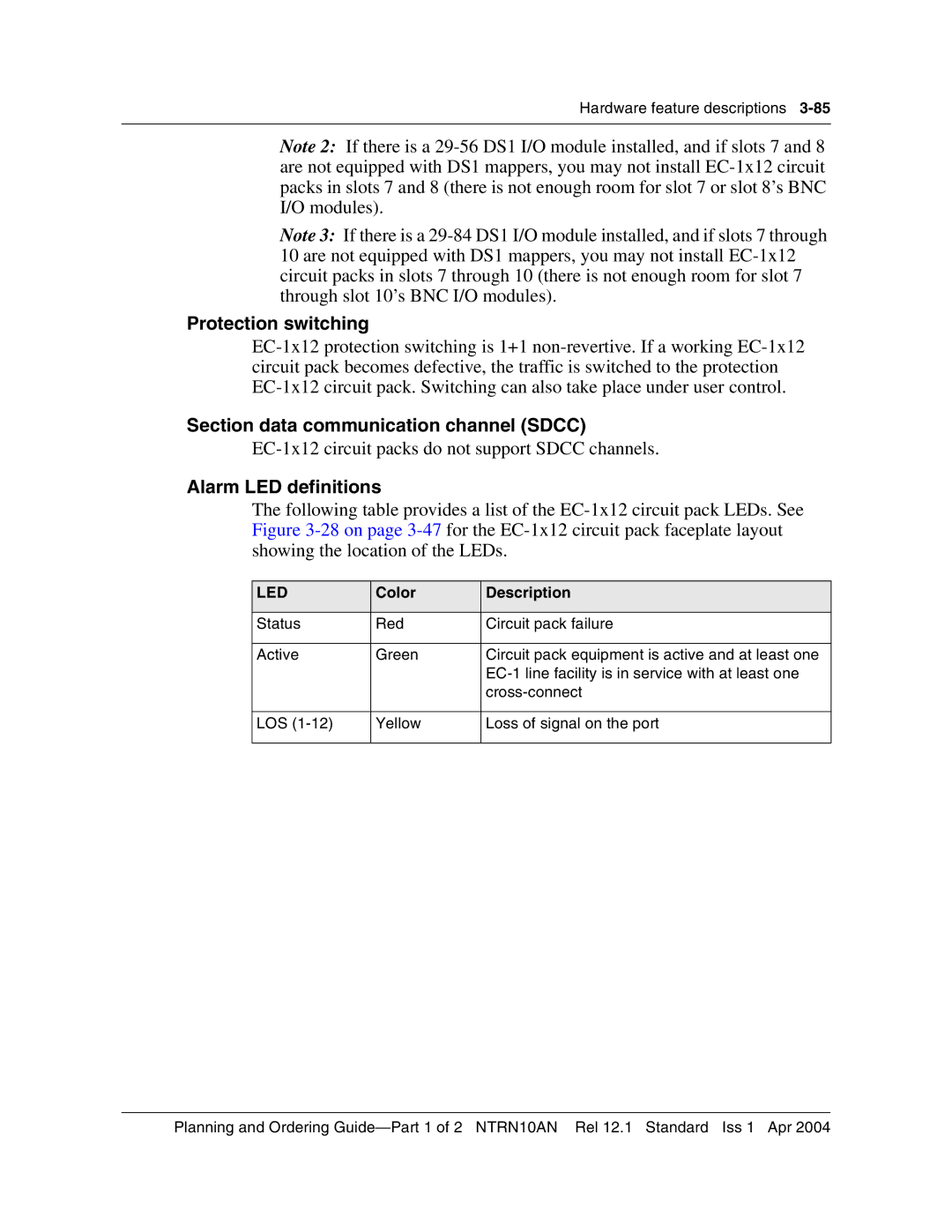 Nortel Networks 3500, NTRN10AN manual EC-1x12 circuit packs do not support Sdcc channels 