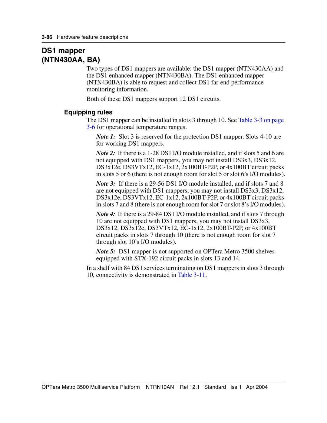 Nortel Networks NTRN10AN, 3500 manual DS1 mapper NTN430AA, BA 