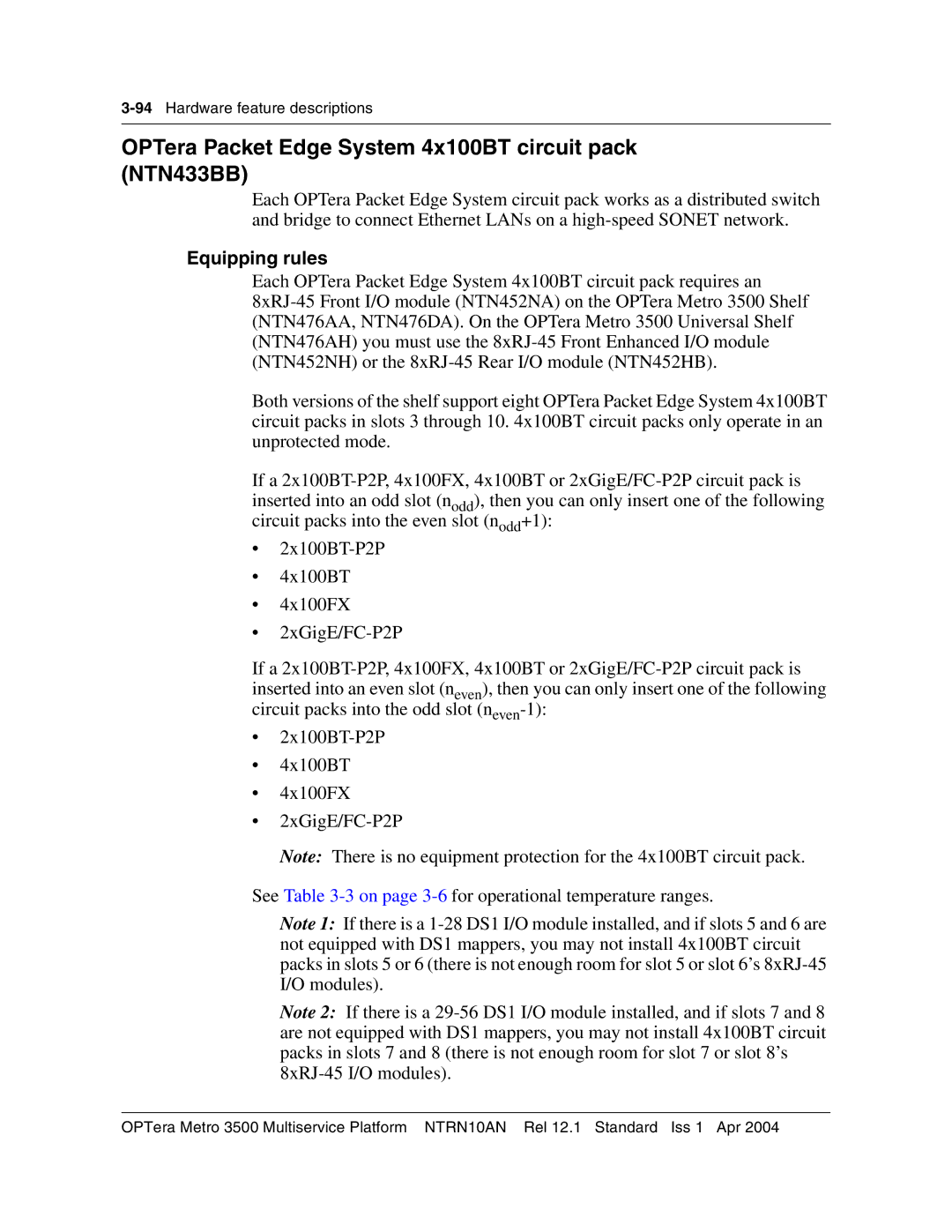 Nortel Networks NTRN10AN, 3500 manual OPTera Packet Edge System 4x100BT circuit pack NTN433BB 