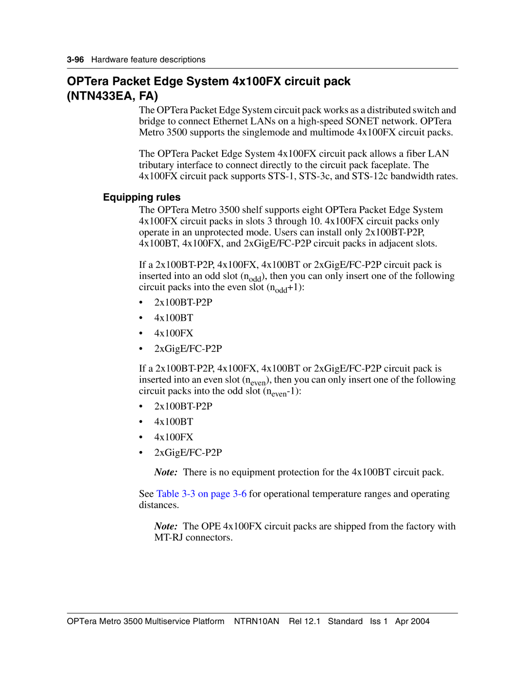 Nortel Networks NTRN10AN, 3500 manual OPTera Packet Edge System 4x100FX circuit pack NTN433EA, FA 