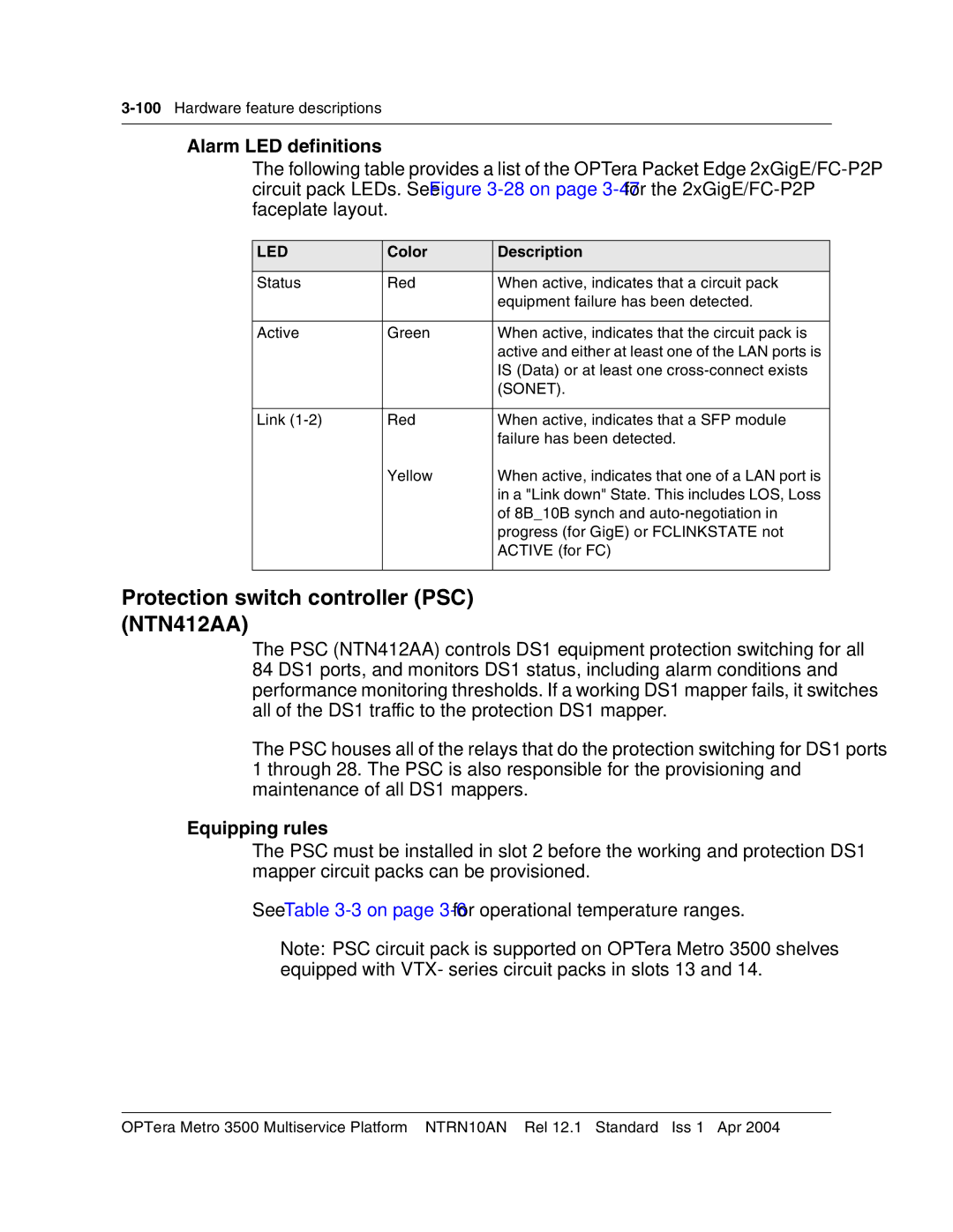 Nortel Networks NTRN10AN, 3500 manual Protection switch controller PSC NTN412AA 