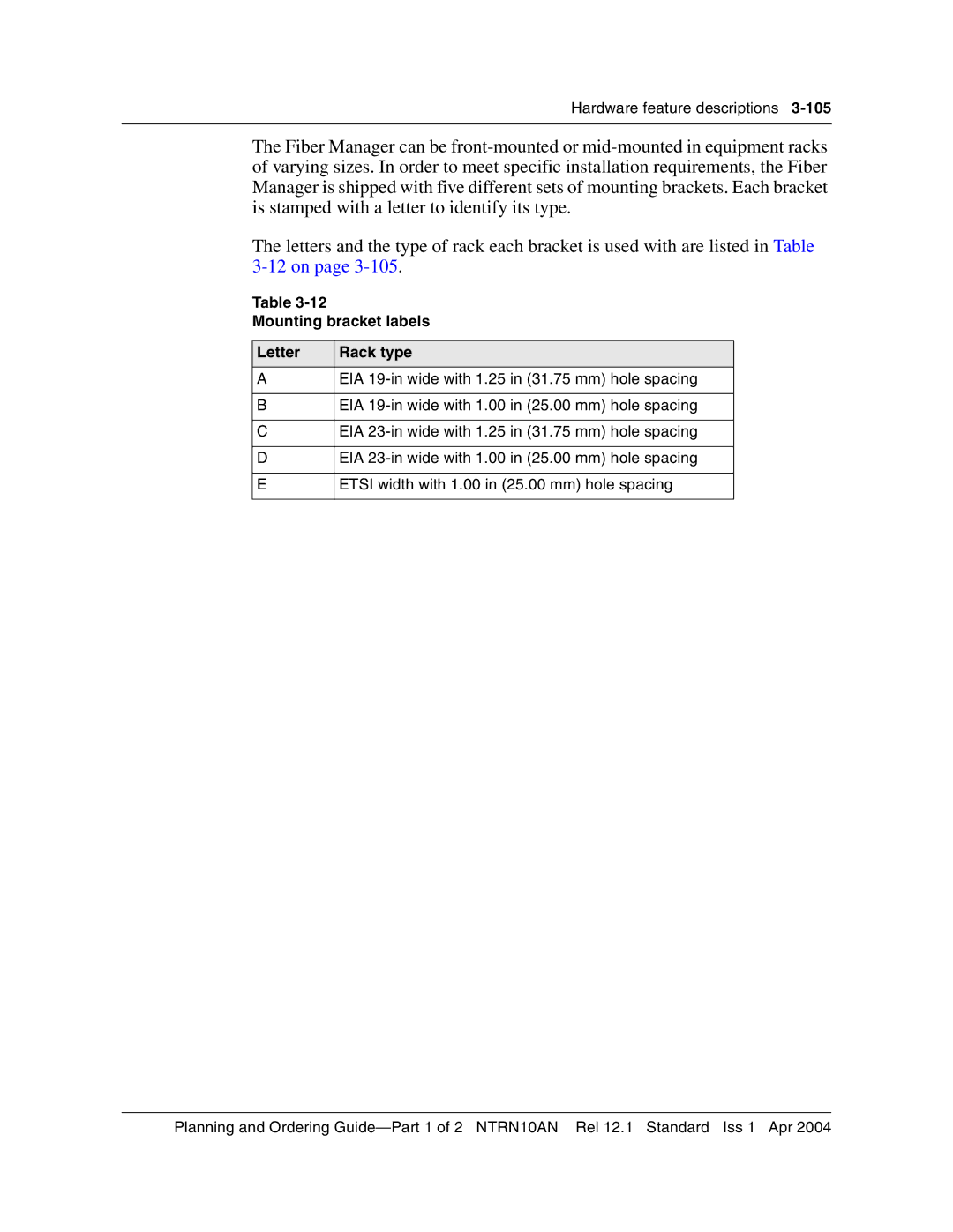Nortel Networks 3500, NTRN10AN manual Mounting bracket labels Letter Rack type 
