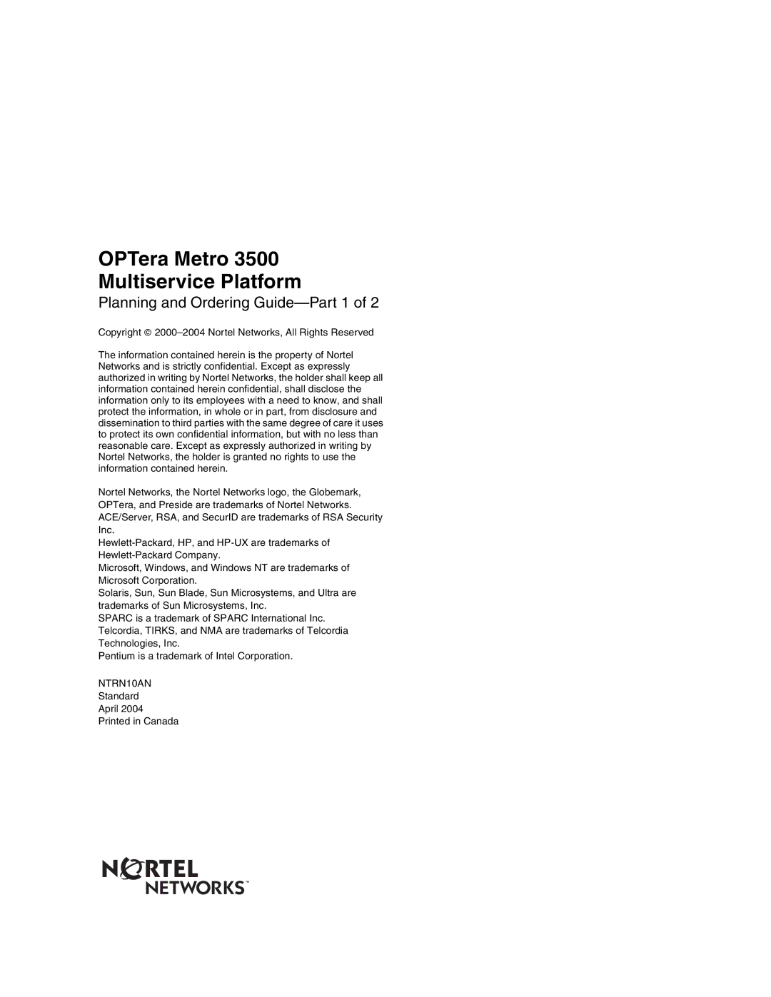 Nortel Networks NTRN10AN, 3500 manual OPTera Metro Multiservice Platform 