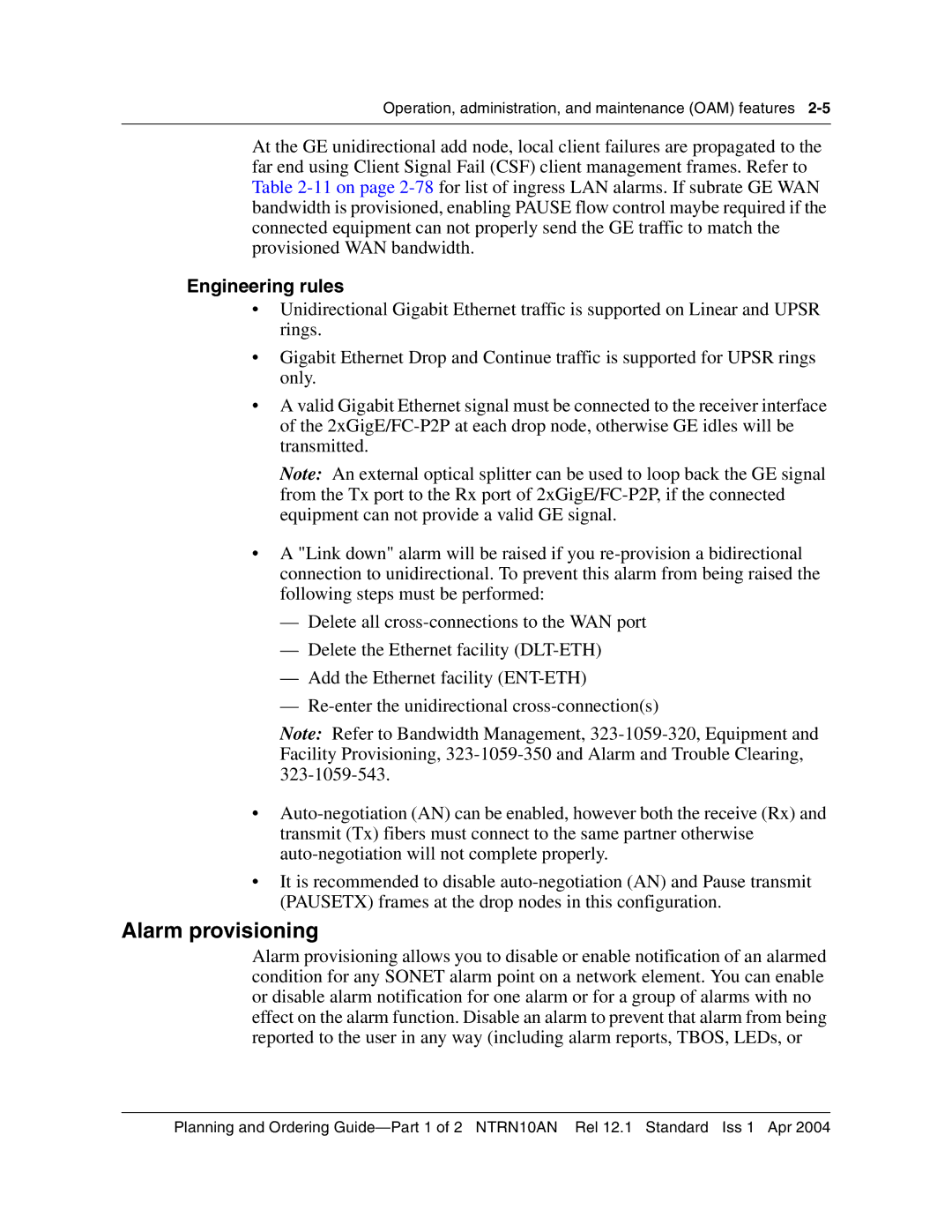 Nortel Networks 3500, NTRN10AN manual Alarm provisioning, Engineering rules 