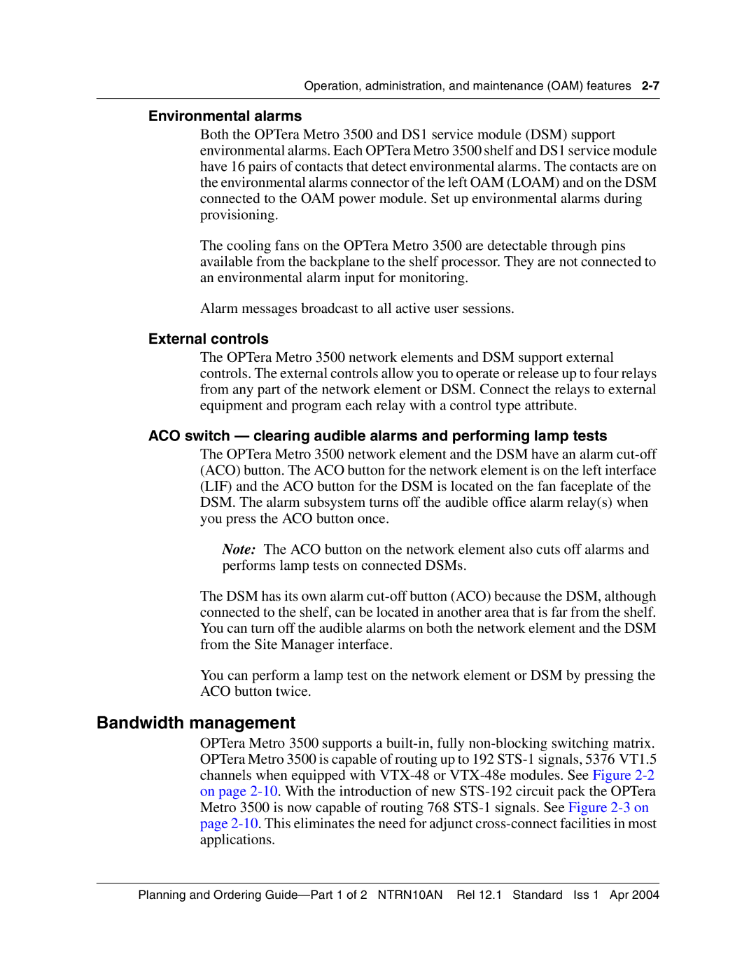 Nortel Networks 3500, NTRN10AN manual Bandwidth management, Environmental alarms, External controls 