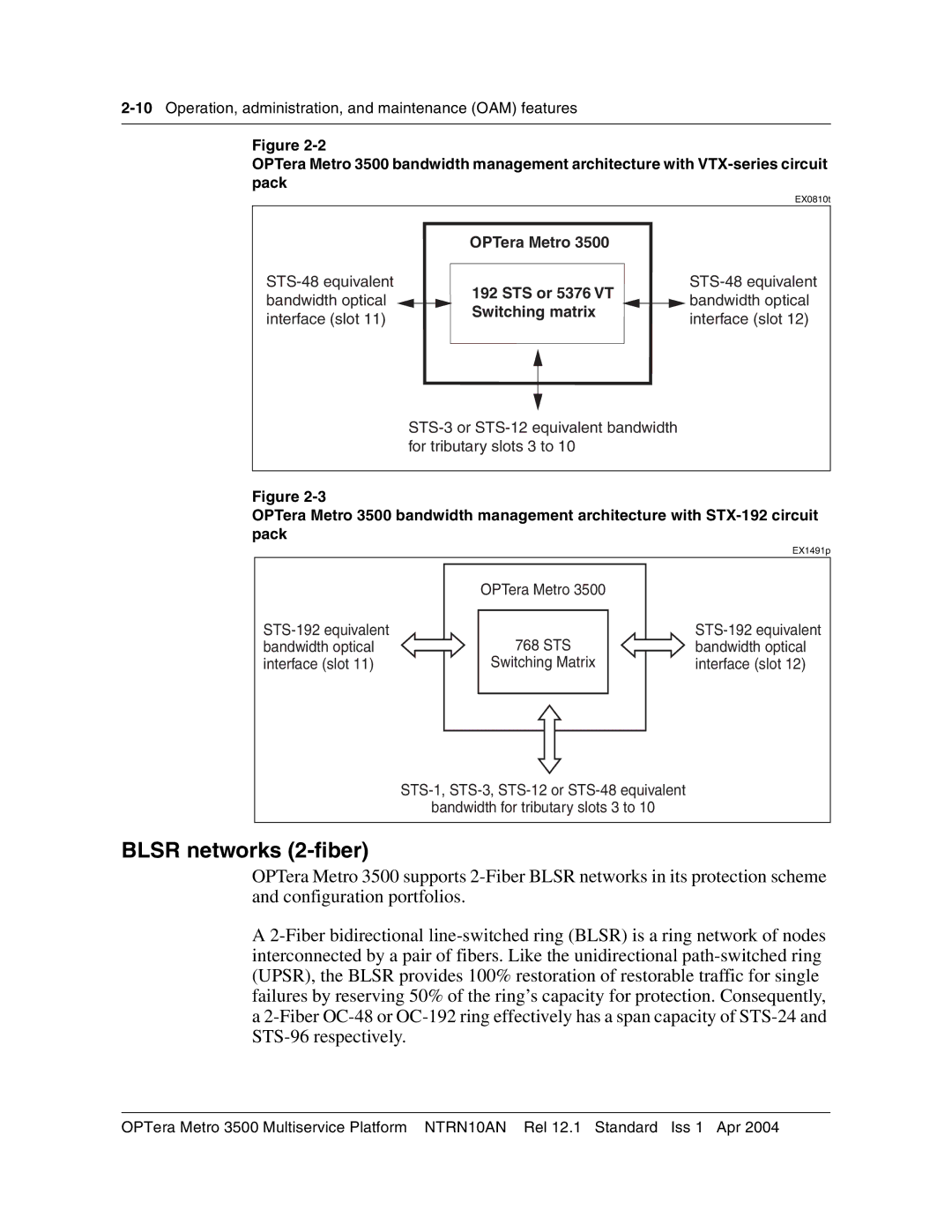 Nortel Networks NTRN10AN, 3500 manual Blsr networks 2-fiber, OPTera Metro, STS or 5376 VT, Switching matrix 