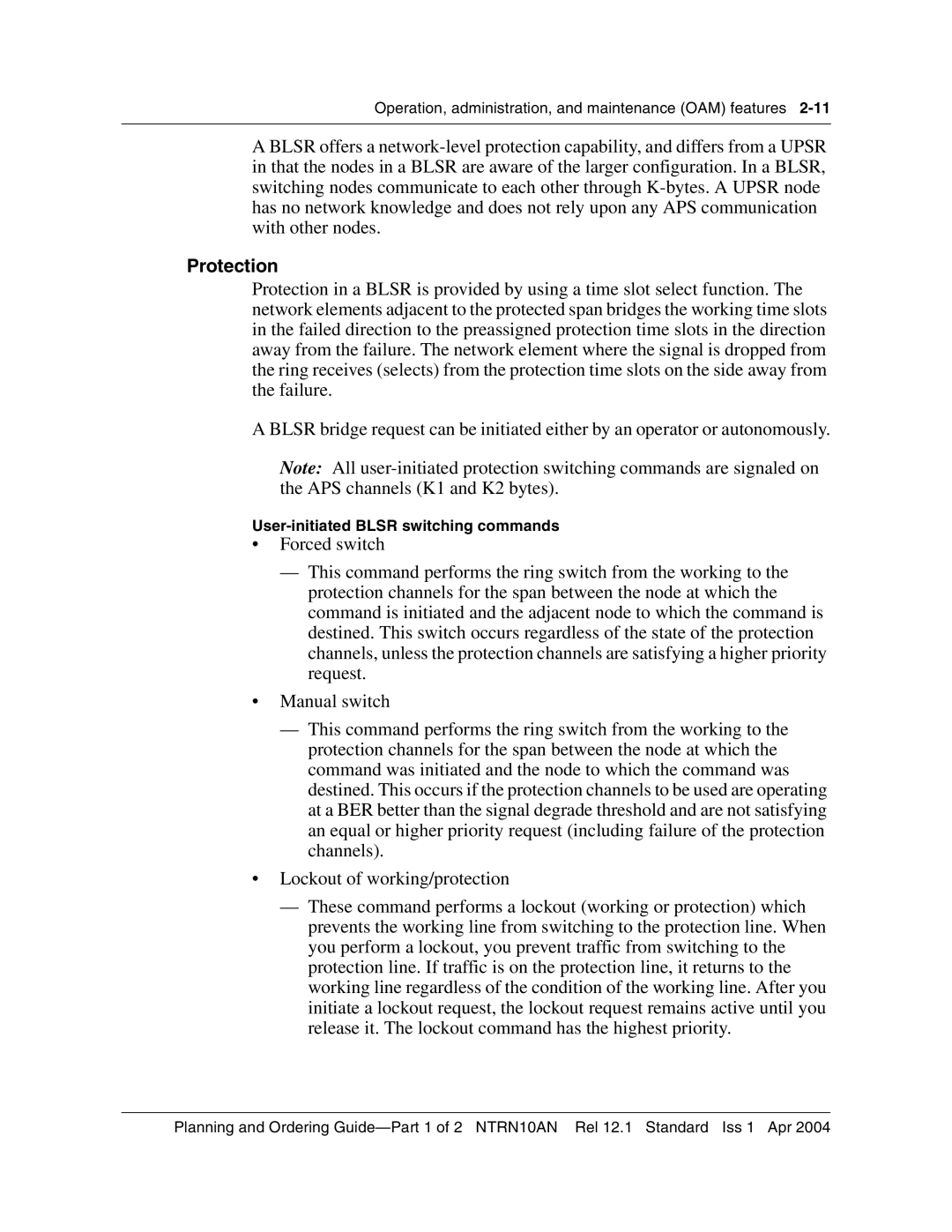 Nortel Networks 3500, NTRN10AN manual Protection, User-initiated Blsr switching commands 