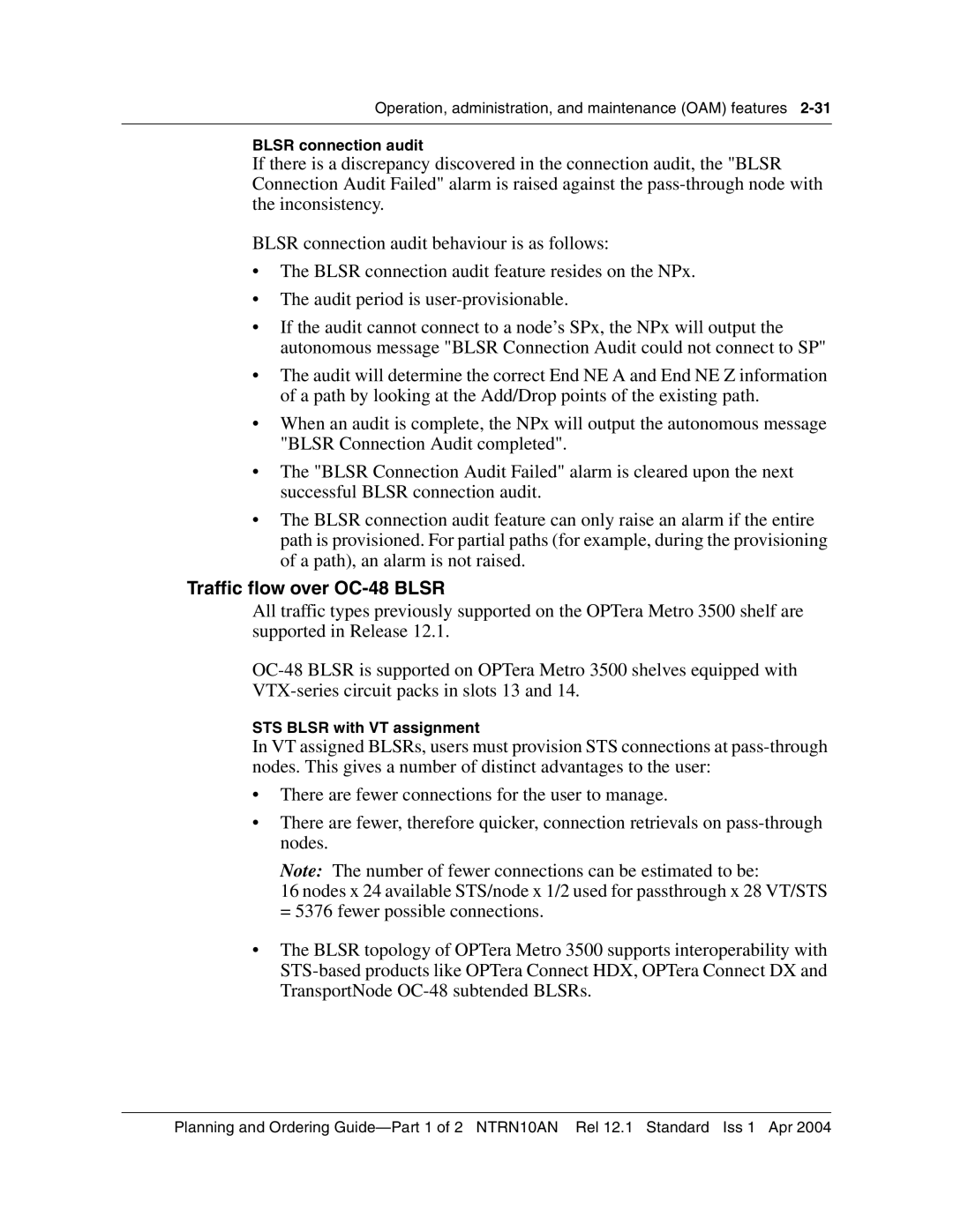 Nortel Networks 3500, NTRN10AN manual Traffic flow over OC-48 Blsr, Blsr connection audit, STS Blsr with VT assignment 