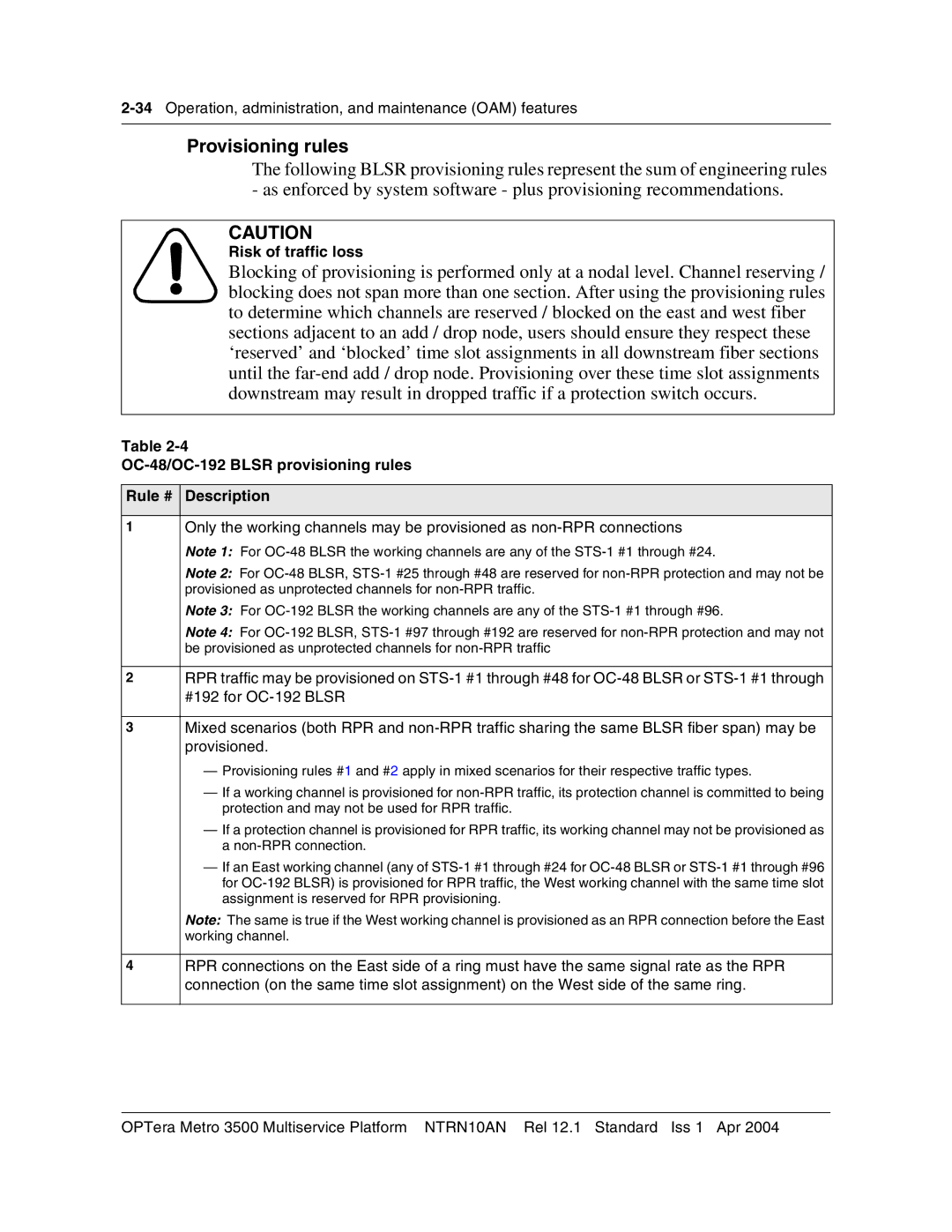 Nortel Networks NTRN10AN Provisioning rules, Risk of traffic loss, OC-48/OC-192 Blsr provisioning rules Rule # Description 