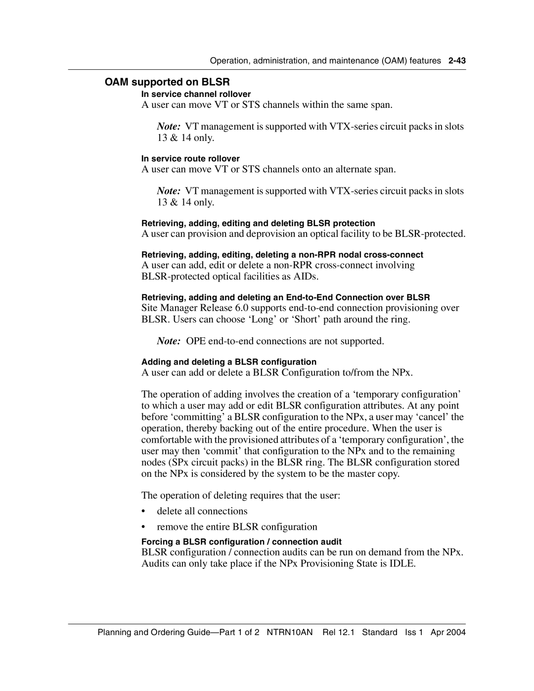 Nortel Networks 3500, NTRN10AN manual OAM supported on Blsr 